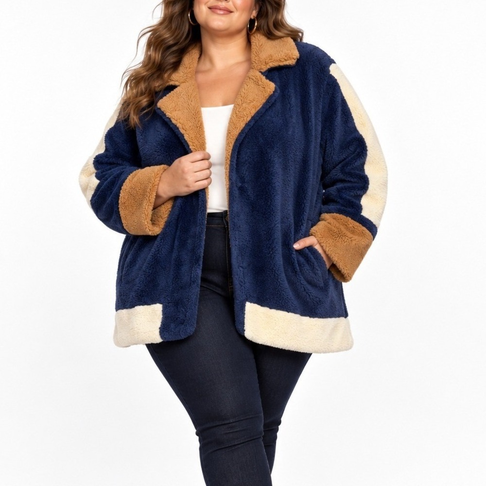 Eloquii Elements Womens Plus Size 26/28 Blue Colorblock Teddy Faux Fur Jacket